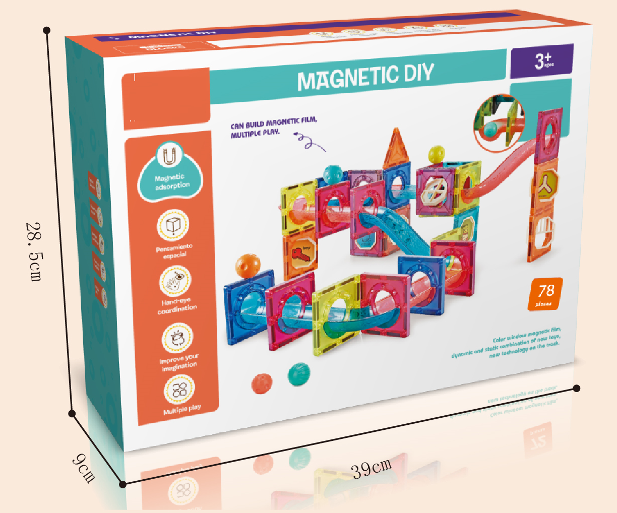 Labirint magnetic educativ pentru copii, 78 piese, constructii 3D, 7.5 cm