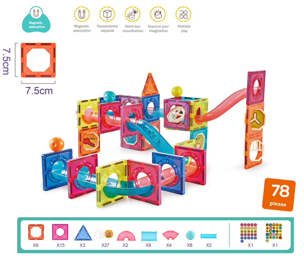 Labirint magnetic educativ pentru copii, 78 piese, constructii 3D, 7.5 cm