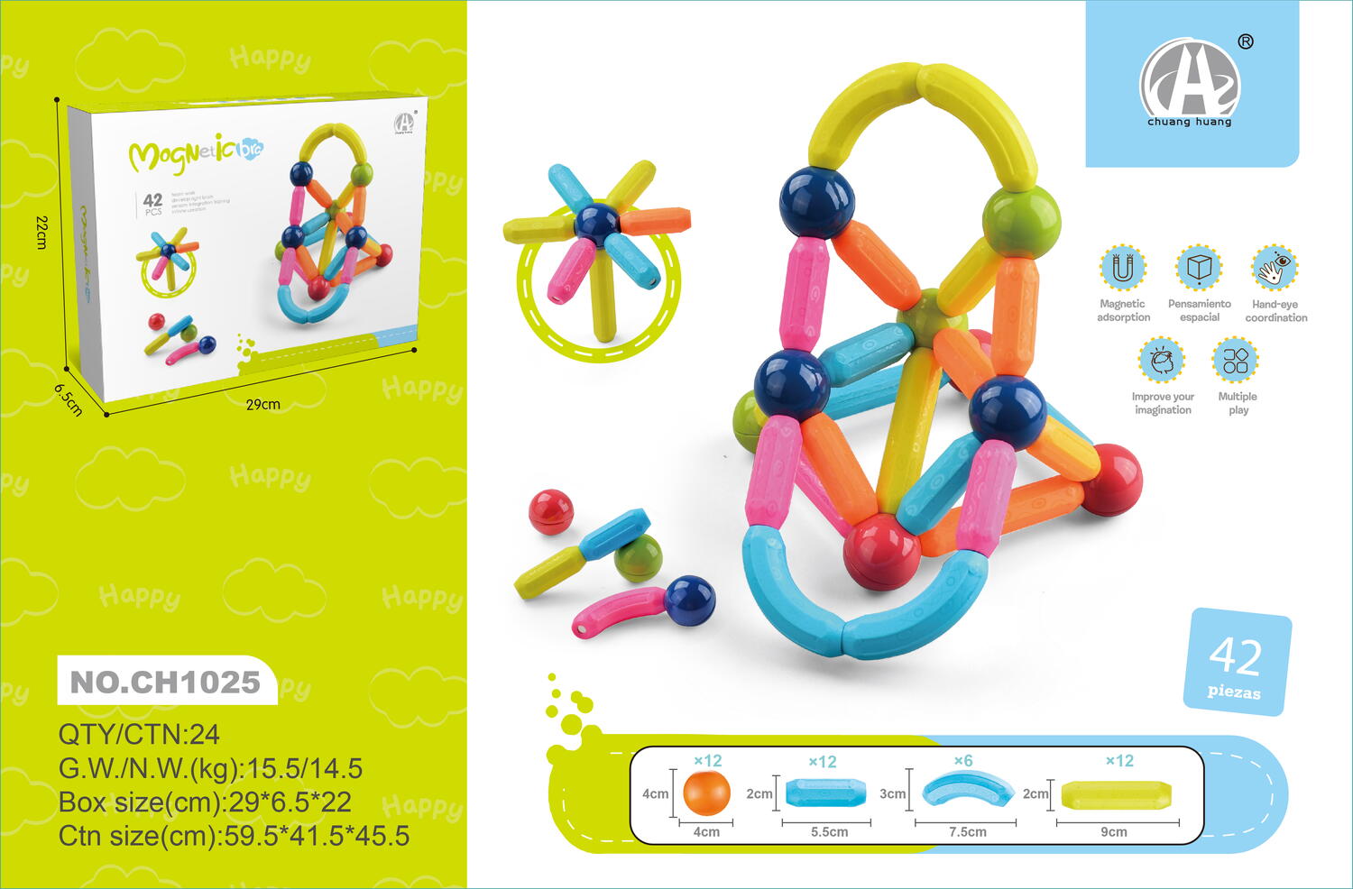 Set construcție magnetic 3D educativ pentru copii, 42 piese