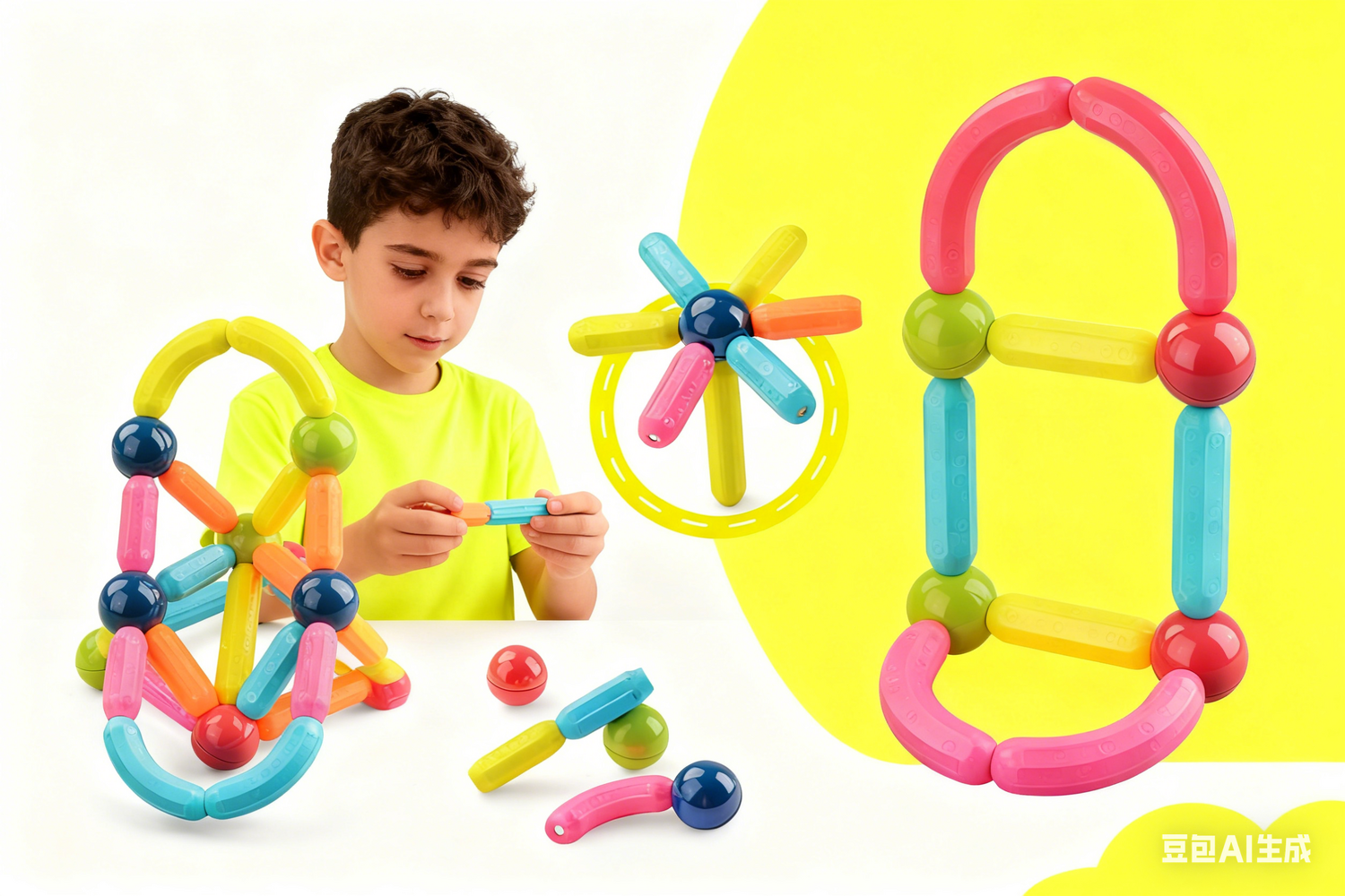 Set construcție magnetic 3D educativ pentru copii, 42 piese