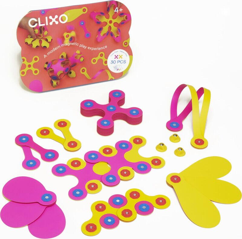 Joc magnetic de construit Clixo Crew Roz si Galben, 30 piese