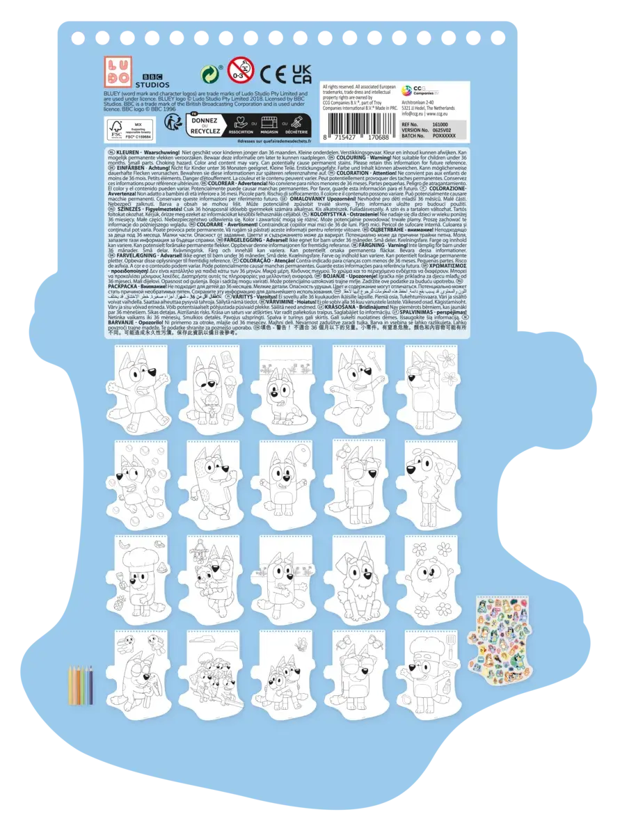 Carnetel de colorat Bluey cu 6 creioane, 20 imagini si 57 abtibilduri
