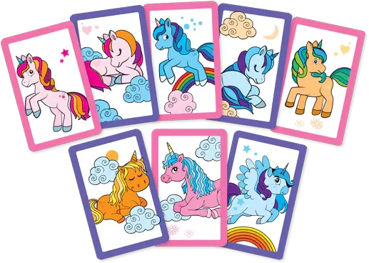 Joc de carti 2 in 1 cu Unicorni pentru memorie si atentie, 56 carti