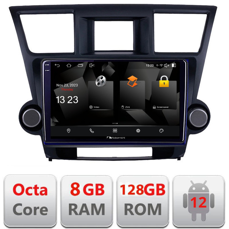 Navigație Toyota Highlander 2007-2013 Android 12 QLED 2K 8GB RAM 128GB