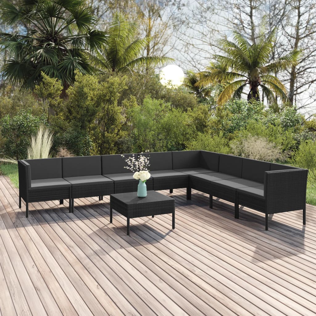 Set mobilier de grădină cu perne, 9 piese, negru, poliratan GartenMobel Dekor