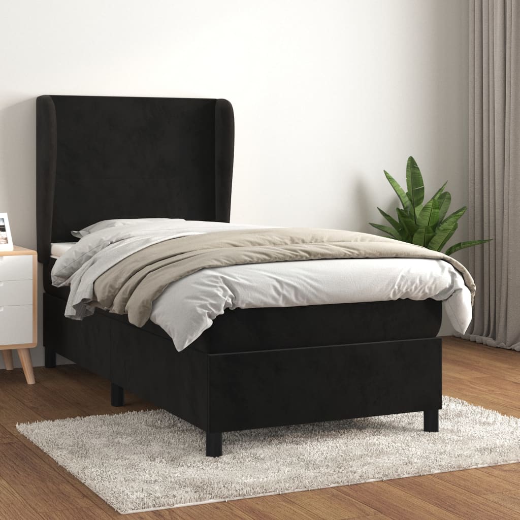 Pat box spring cu saltea, negru, 90x190 cm, catifea GartenMobel Dekor