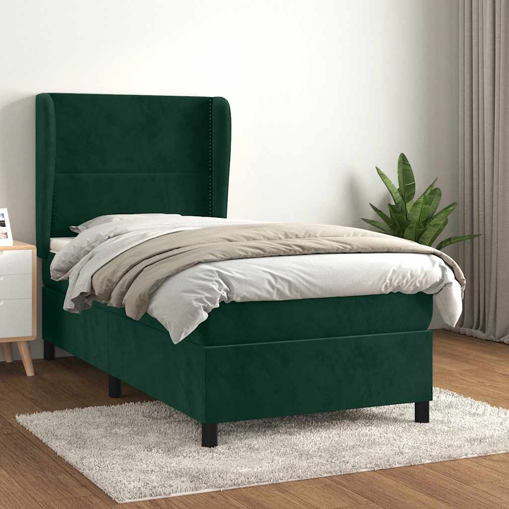 Pat box spring cu saltea, verde închis, 90x200 cm, catifea GartenMobel Dekor