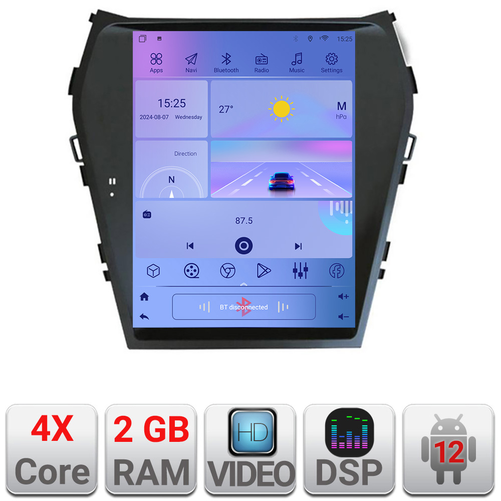 Navigatie Tesla Hyundai Santa Fe 2012-2018 cu CarPlay, Android Auto si GPS