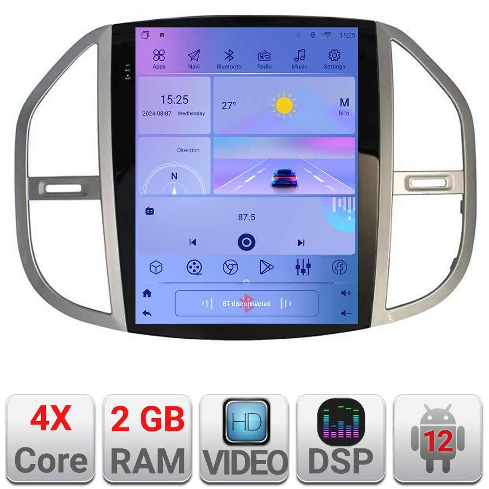 Navigație Tesla Mercedes Vito 2016+ cu GPS, CarPlay, Android Auto și 2GB+32GB