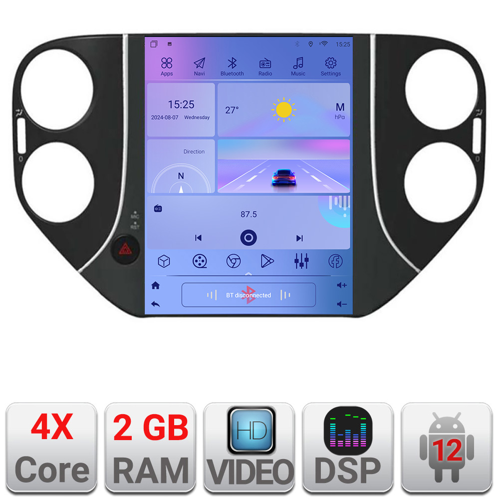 Navigație Tesla VW Tiguan 2007-2012 cu Android 12, CarPlay, GPS și 2GB RAM