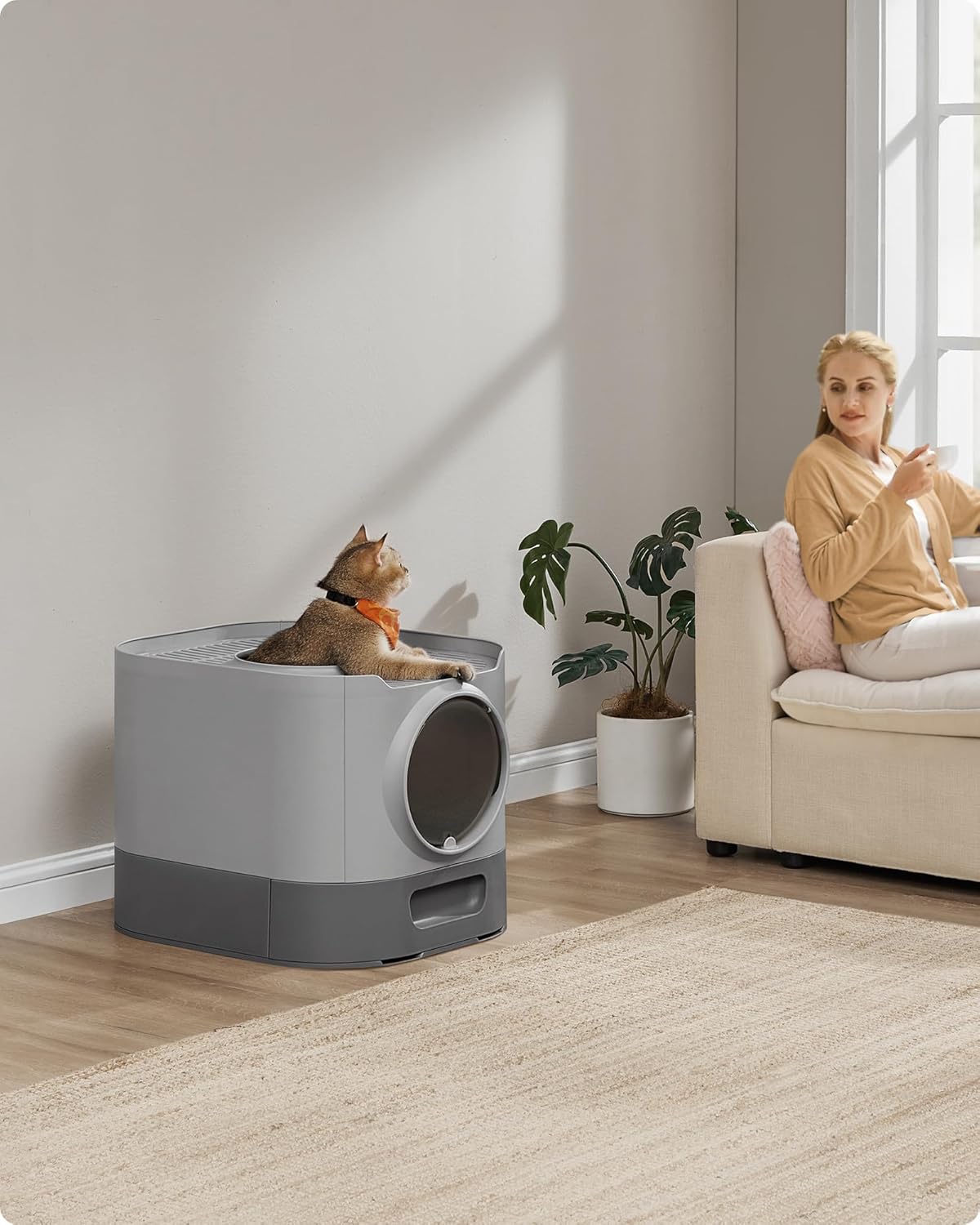 FEANDREA Litiera pentru pisici XXL cu capac, tava extensibila si accesorii incluse, din plastic PP, 54x43x40 cm, gri Household NewTrend