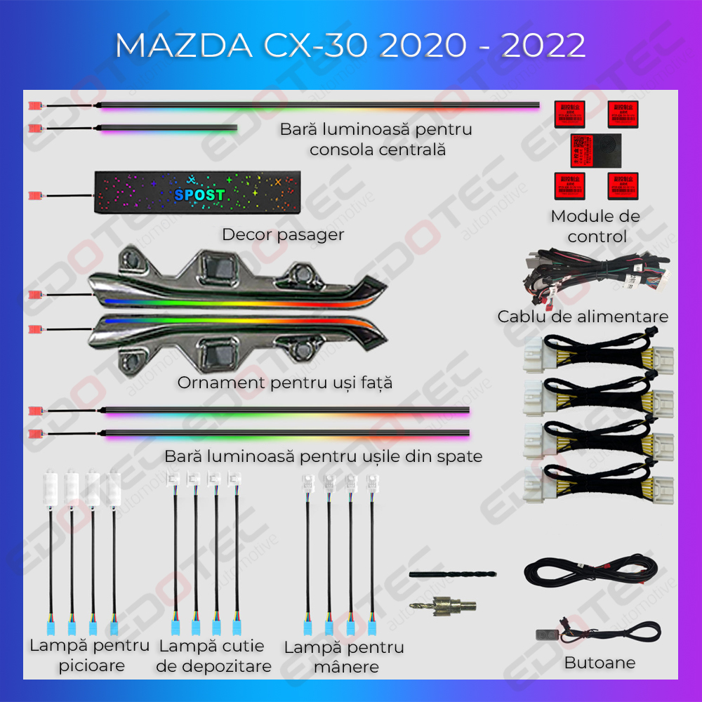 Kit lumini ambientale Mazda CX-30 2020-2024, control din telefon sau sistem original