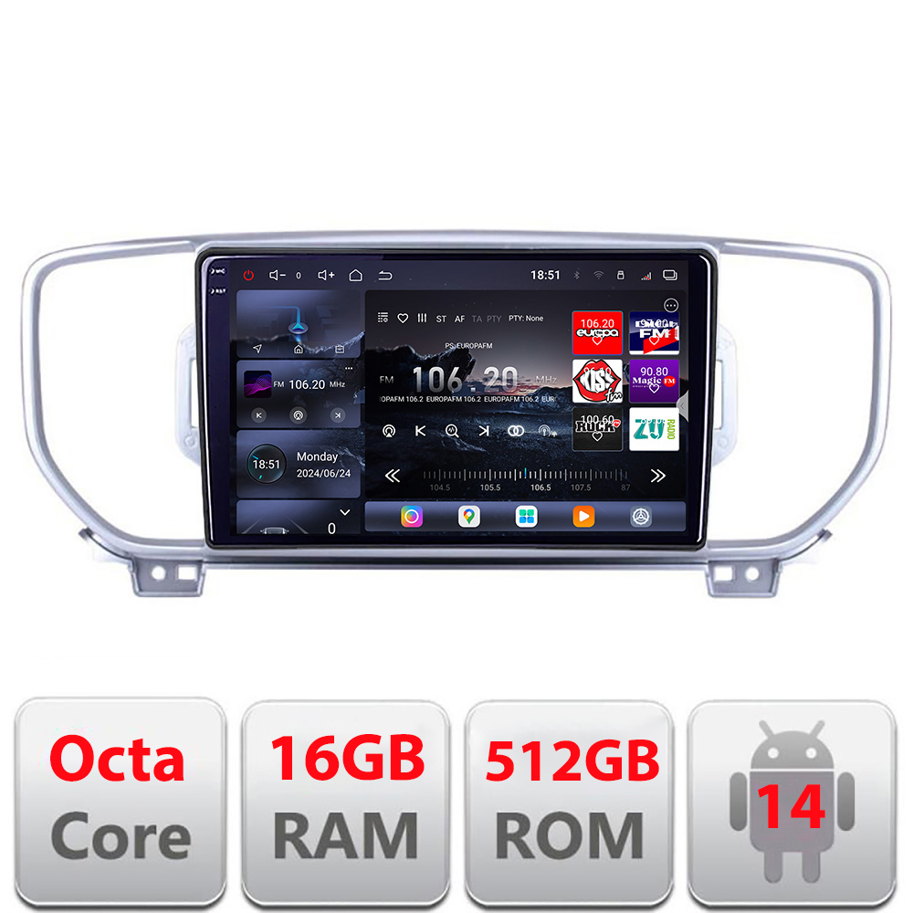 Navigatie Kia Sportage 2016-2018 Edotec Kit-567 8 core QLED 2K 16+512GB 360 Android Waze USB Navigatie Internet Youtube Radio