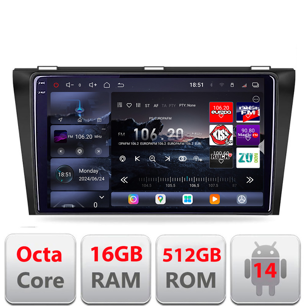 Navigatie Mazda 3 2009-2014 Edotec Kit-034 8 core QLED 2K 16+512GB 360 Android Waze USB Navigatie Internet Youtube Radio