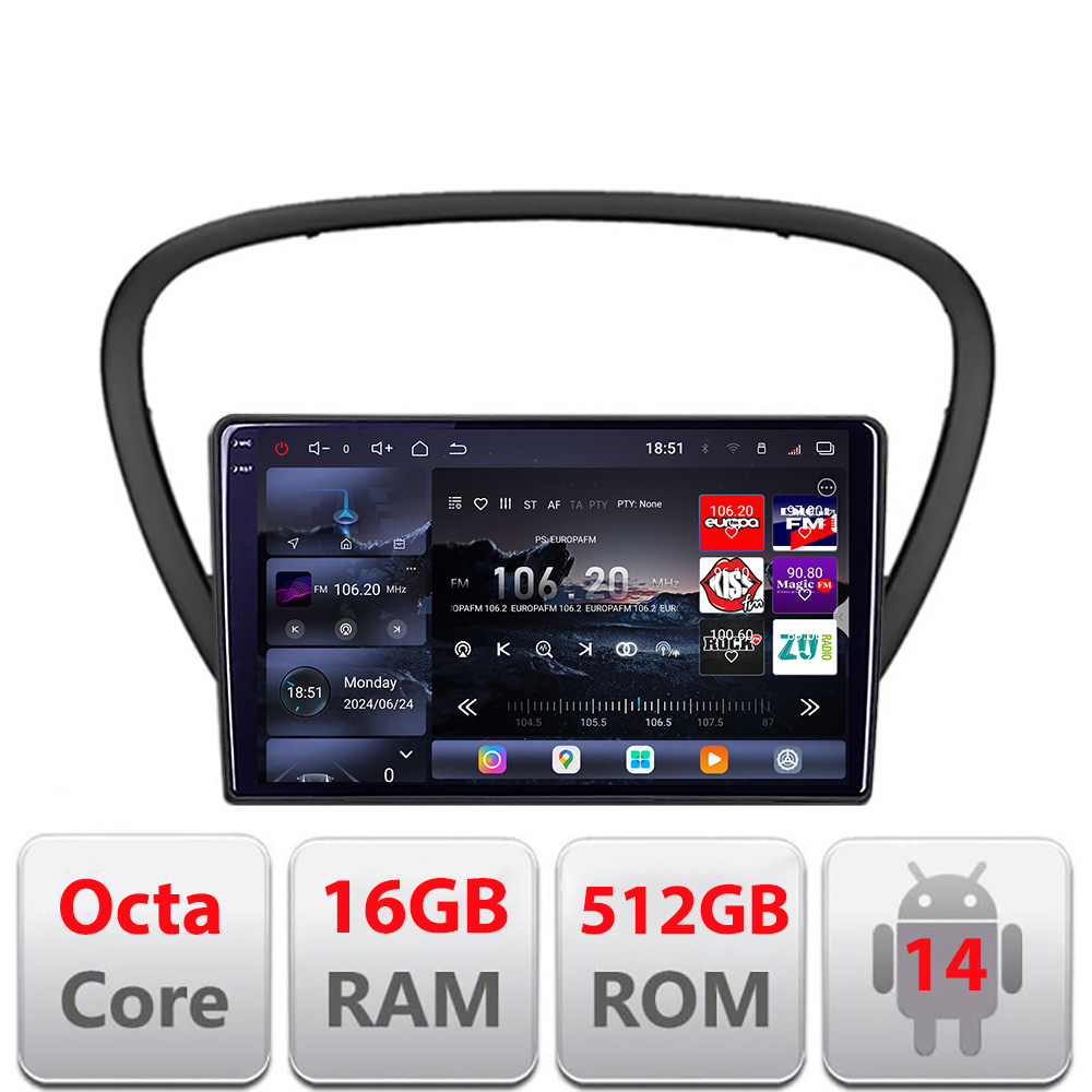 Navigatie Peugeot 607 2002-2010 Android radio gps internet 8 core QLED 2K 16+512GB 360 Edotec