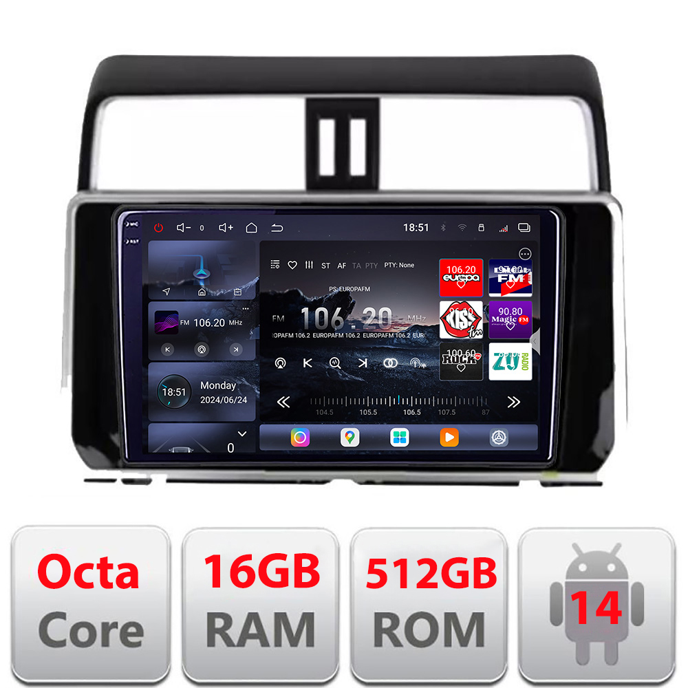 Navigație Toyota Prado J150 2018+ Edotec QLED 2K, 16GB RAM, 512GB