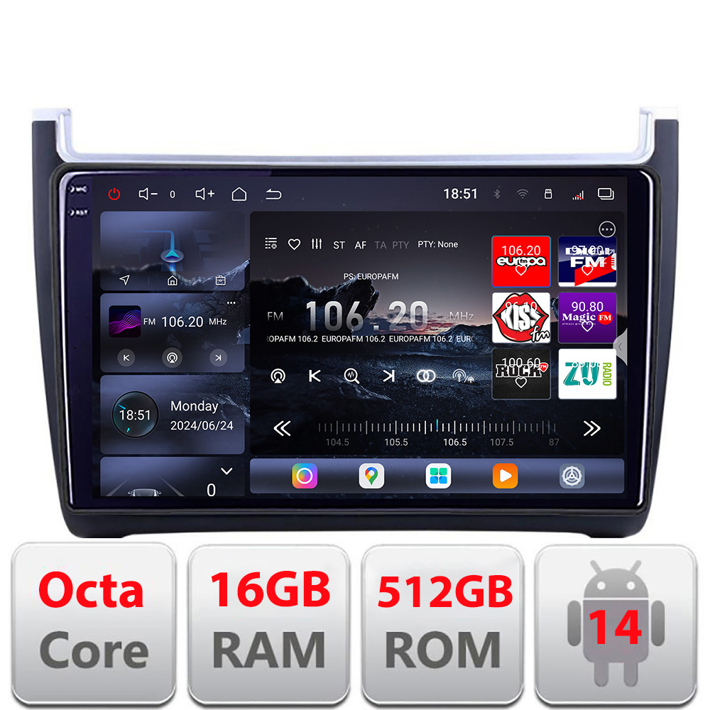 Navigatie Android VW Polo 2014+ Edotec QLED 2K, 16GB RAM, 512GB