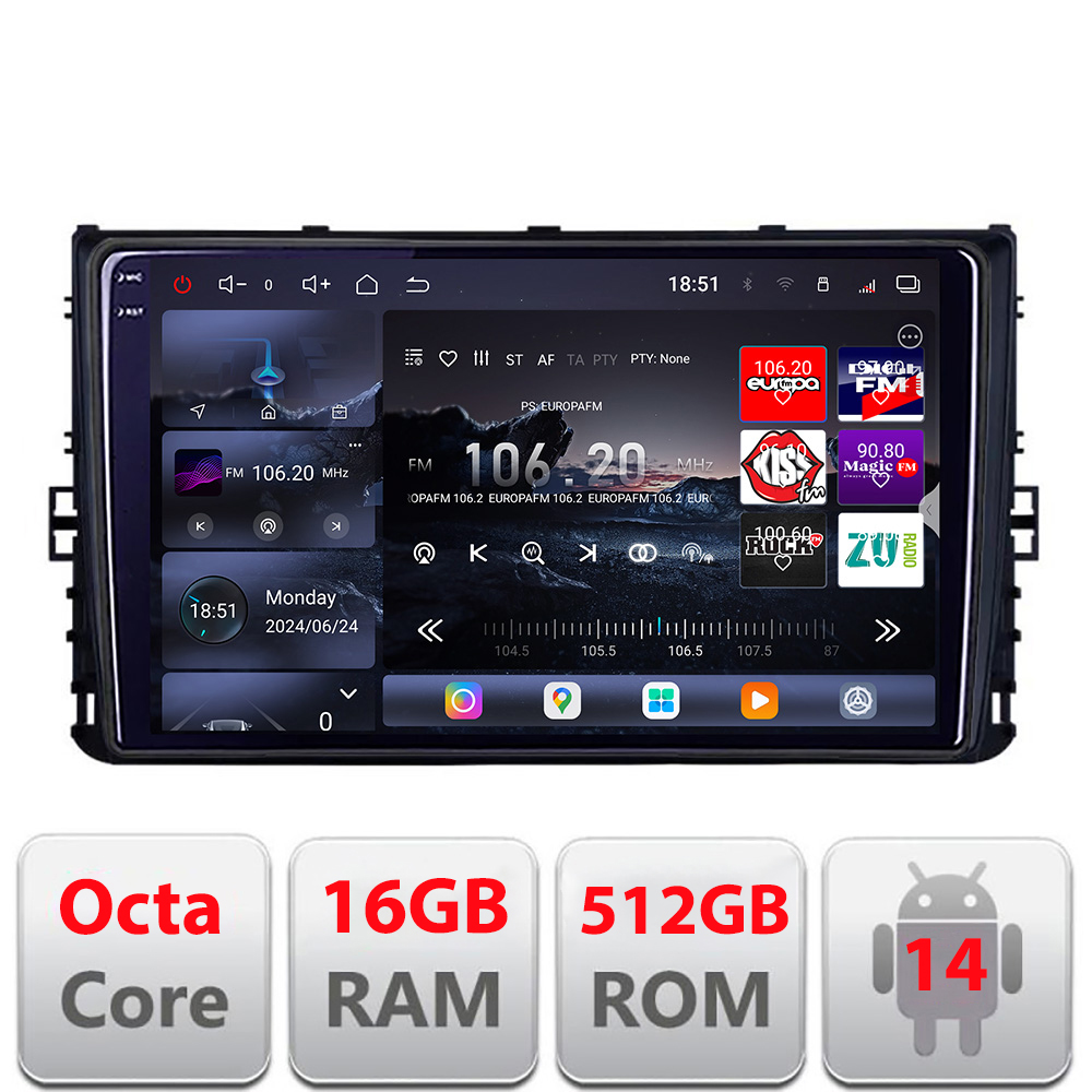 Navigație auto VW Edotec Kit-933 QLED 2K, 16GB RAM, 512GB, Android