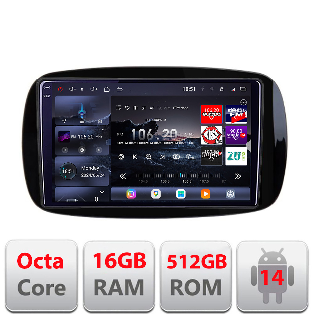 Navigatie Smart For Two 2015- Edotec Kit-Smart15 8 core QLED 2K 16+512GB 360 Android Waze USB Navigatie Internet Youtube Radio