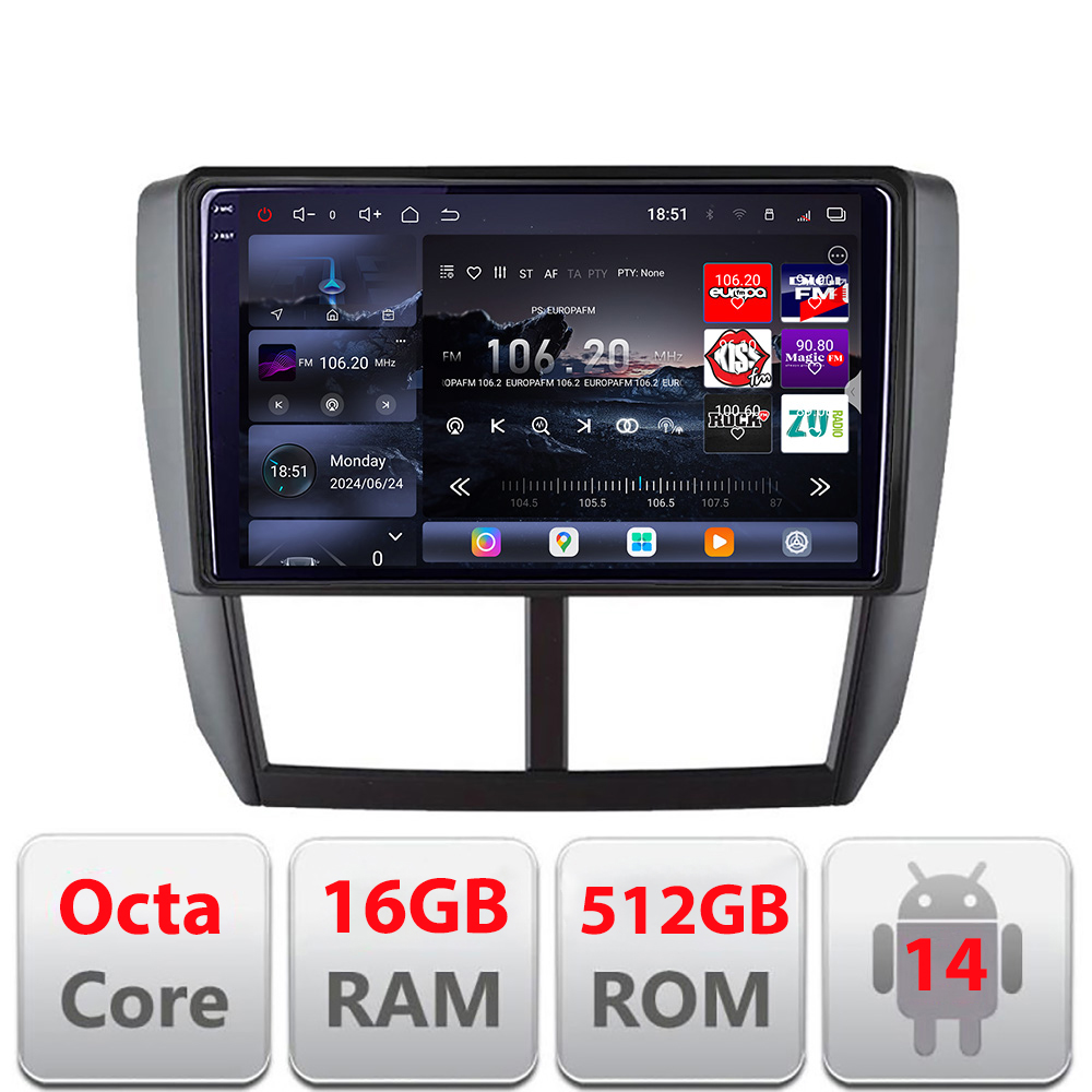 Navigatie Subaru Forester 2007-2013 Edotec Kit-SU01 8 core QLED 2K 16+512GB 360 Android Waze USB Navigatie Internet Youtube Radio