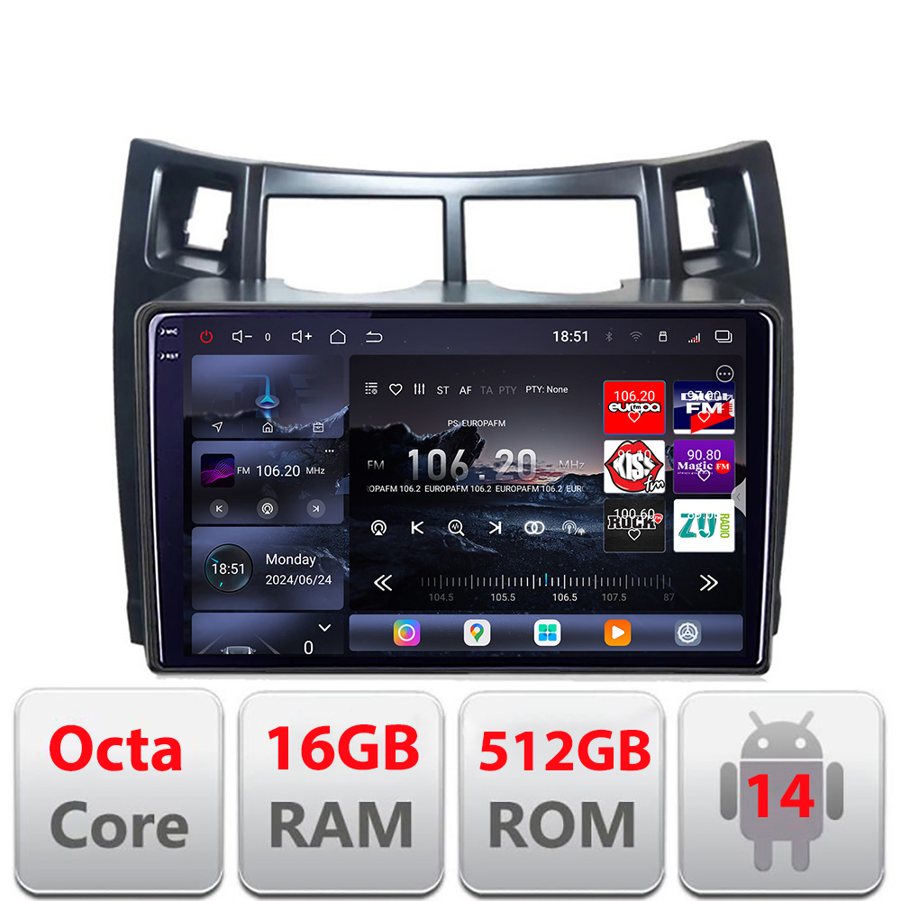 Navigație Android Toyota Yaris 2008-2011 QLED 2K 16GB RAM 512GB