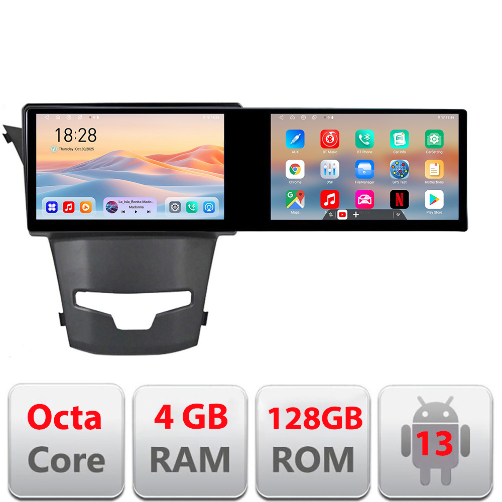 Navigatie Android Ssangyong Korando 2014-2019, 2 ecrane, 4GB RAM, 128GB