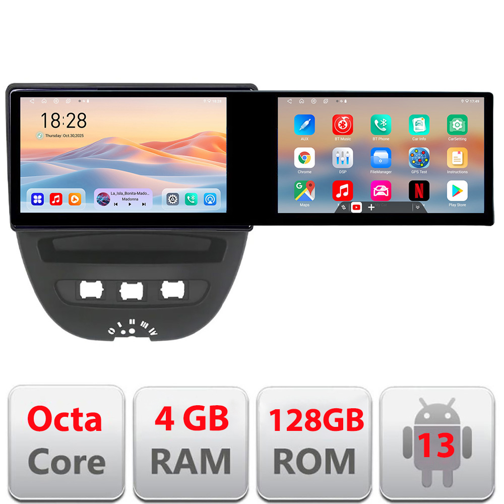 Navigatie Android Citroen C1 Peugeot 107 Toyota Aygo 2005-2014, 2 ecrane 4GB+128GB