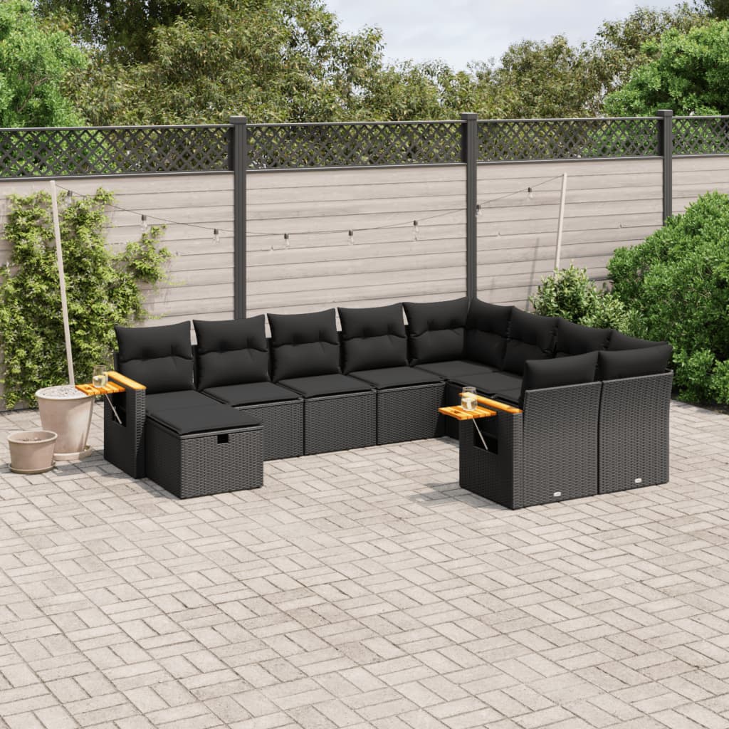 Set canapele de grădină cu perne, 10 piese, negru, poliratan GartenMobel Dekor