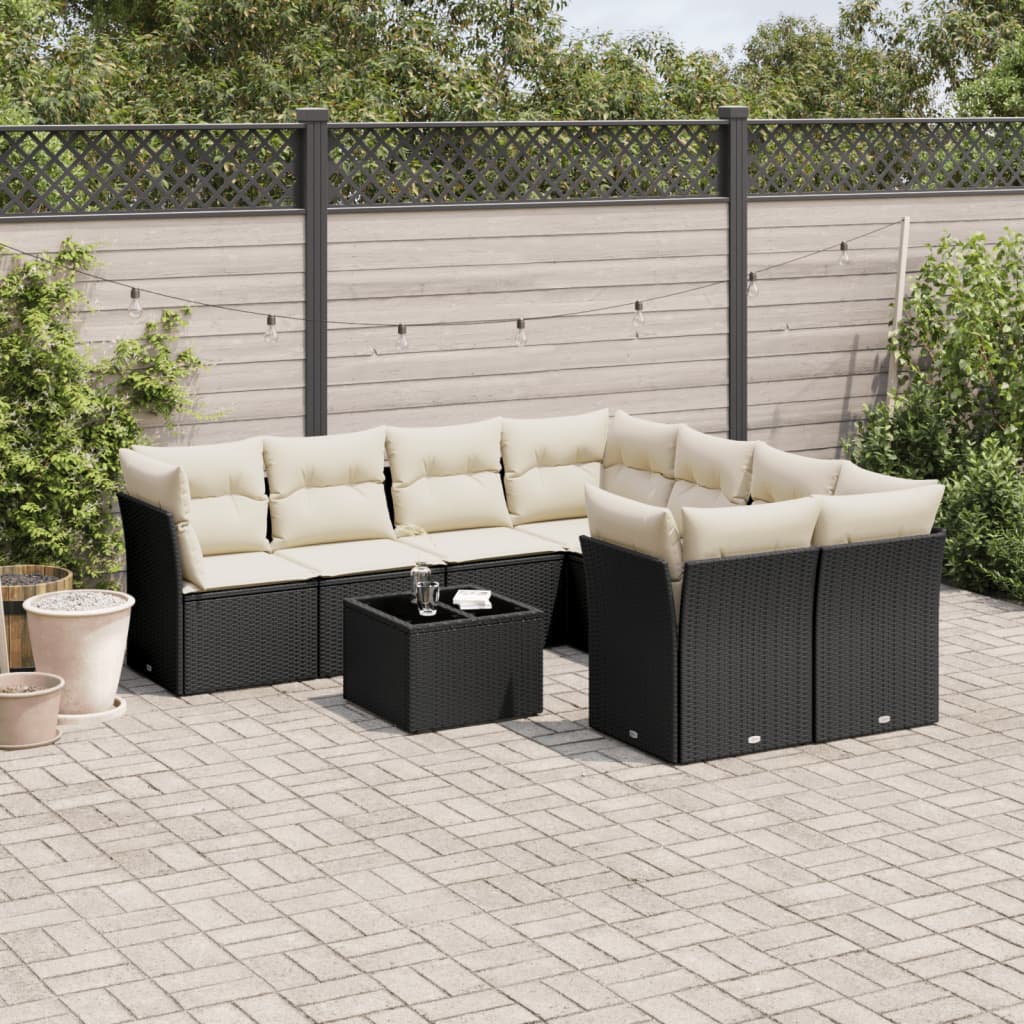 Set mobilier de grădină cu perne, 9 piese, negru, poliratan GartenMobel Dekor