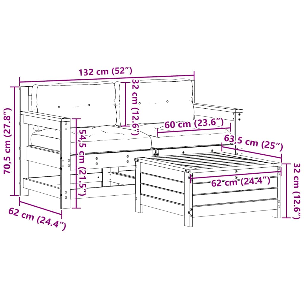 Set mobilier de grădină cu perne, 3 piese, alb, lemn masiv pin GartenMobel Dekor
