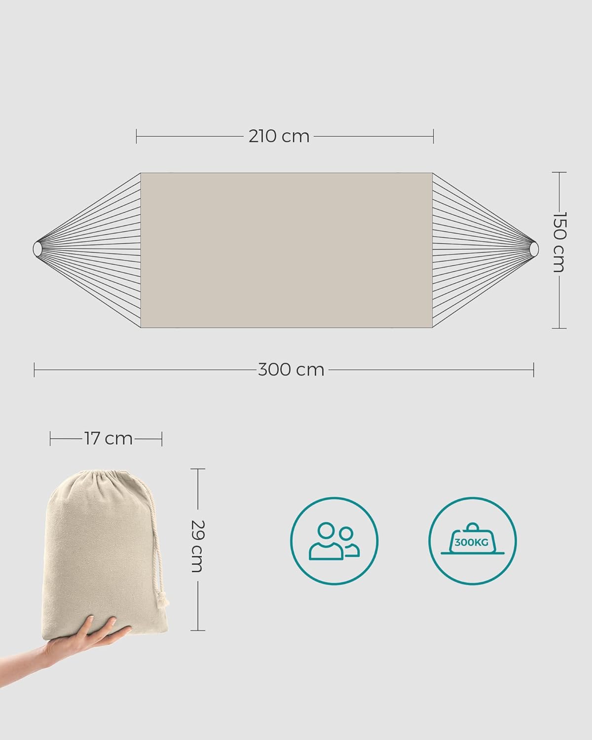 SONGMICS Hamac dublu 210x150 cm, bumbac, portabil cu chingi si carabiniere, bej Household NewTrend