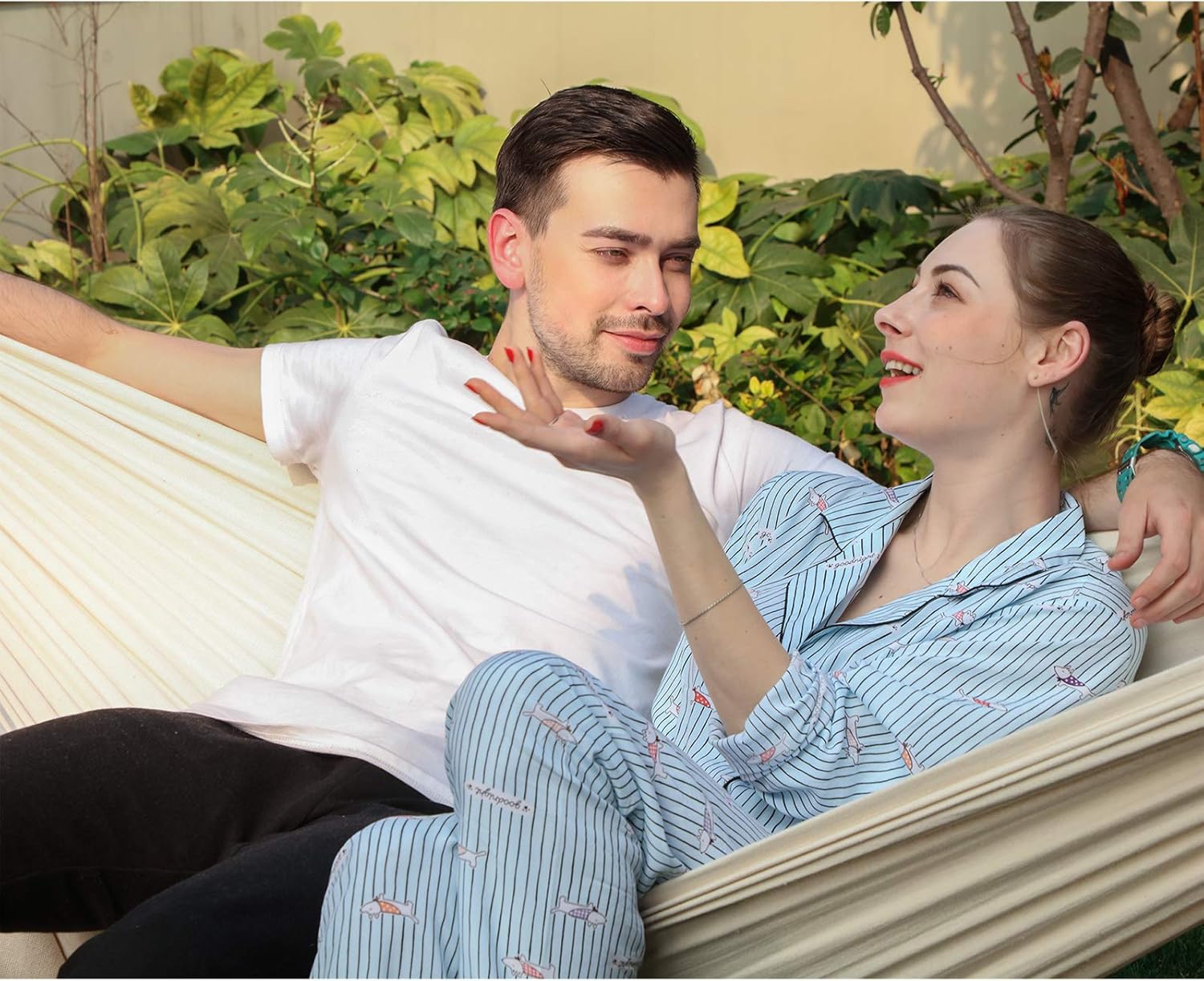 SONGMICS Hamac dublu 210x150 cm, bumbac, portabil cu chingi si carabiniere, bej Household NewTrend