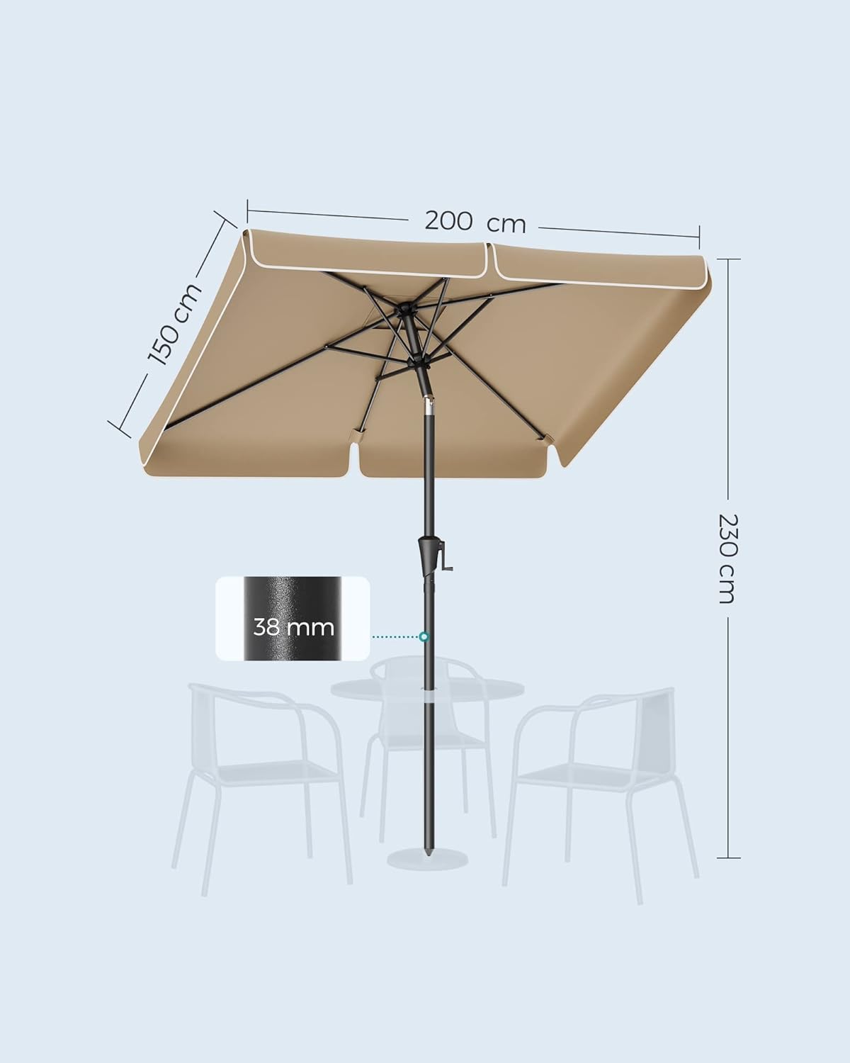 SONGMICS Umbrela de gradina cu manivela, 200x150 cm, UPF 50+, inclinare 30°, structura metalica, maro taupe Household NewTrend