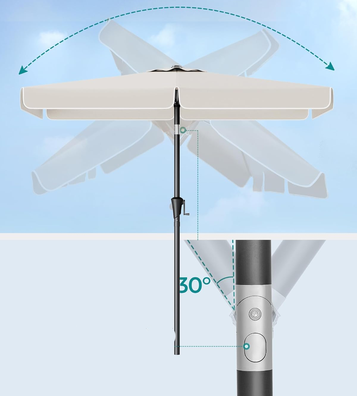 SONGMICS Umbrela de gradina cu manivela, UPF 50+, inclinare 30°, structura metalica, 300x200 cm, bej Household NewTrend