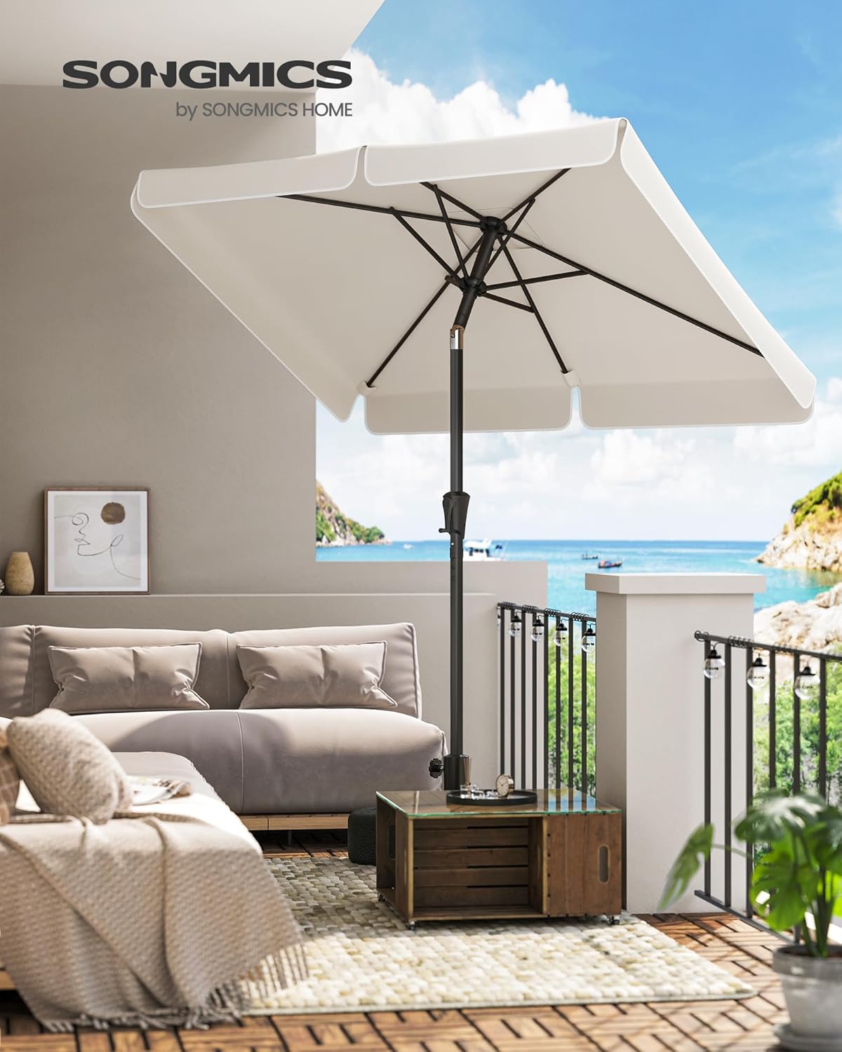 SONGMICS Umbrela de gradina cu manivela, UPF 50+, inclinare 30°, structura metalica, 300x200 cm, bej Household NewTrend