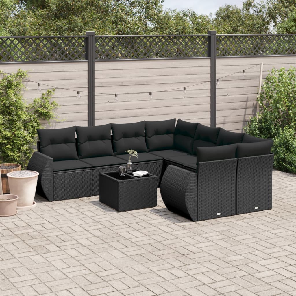 Set mobilier de grădină cu perne, 9 piese, negru, poliratan GartenMobel Dekor