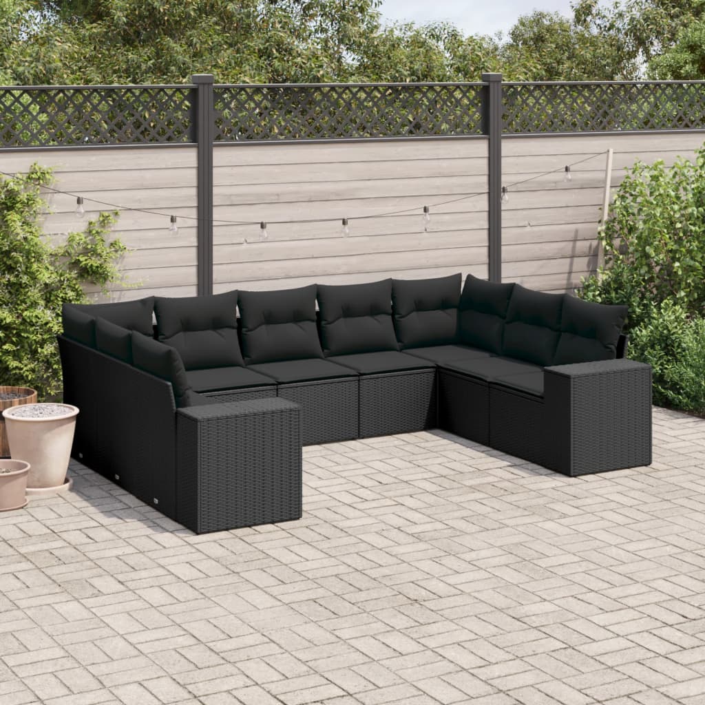 Set mobilier de grădină cu perne, 9 piese, negru, poliratan GartenMobel Dekor
