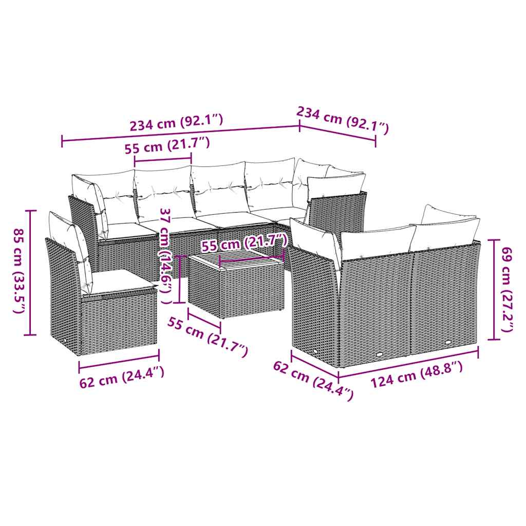 Set canapele de grădină, 9 piese, cu perne, gri, poliratan GartenMobel Dekor