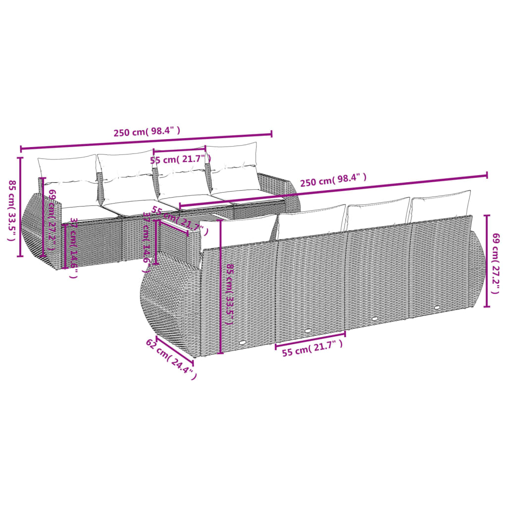 Set canapele de grădină, 9 piese, cu perne, gri, poliratan GartenMobel Dekor