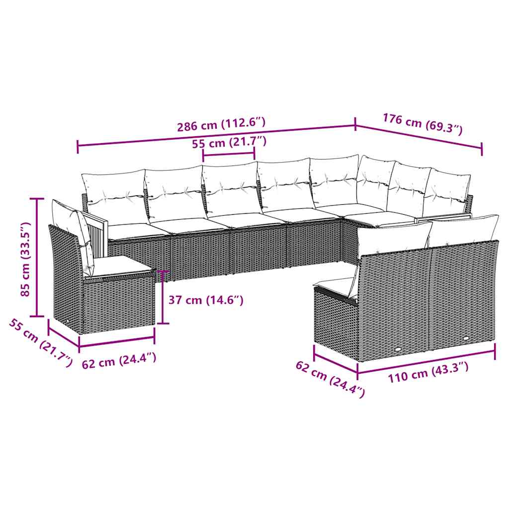 Set canapele de grădină cu perne, 10 piese, negru, poliratan GartenMobel Dekor