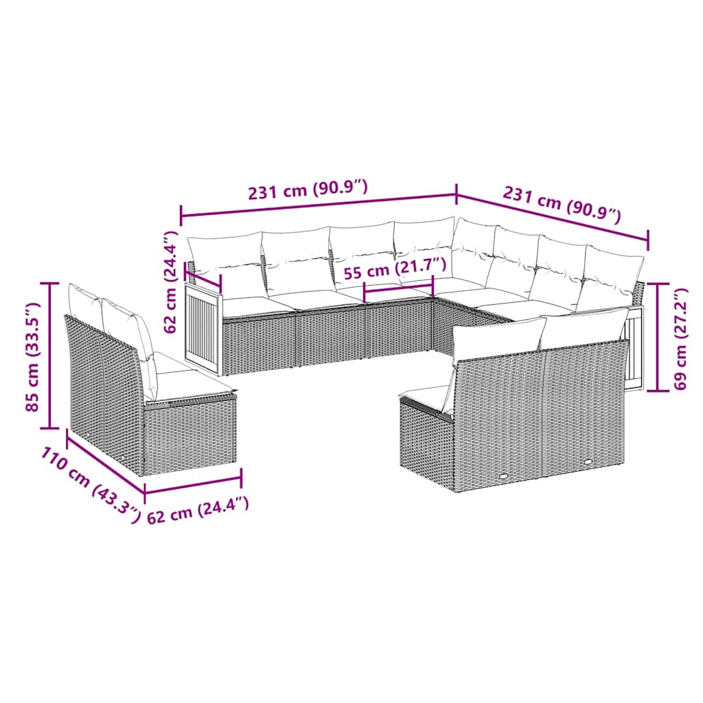 Set canapele de grădină cu perne, 11 piese, negru, poliratan GartenMobel Dekor