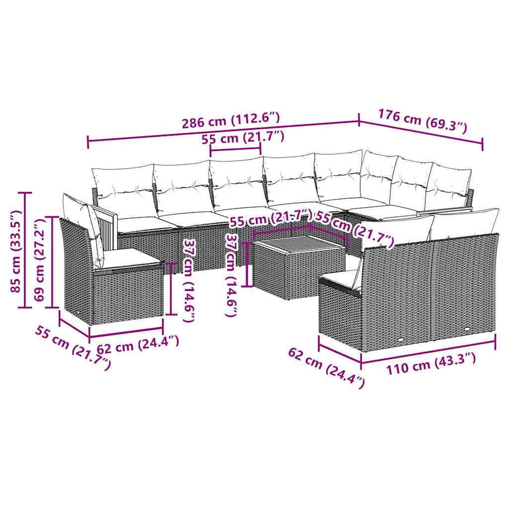 Set canapele de grădină cu perne, 11 piese, negru, poliratan GartenMobel Dekor
