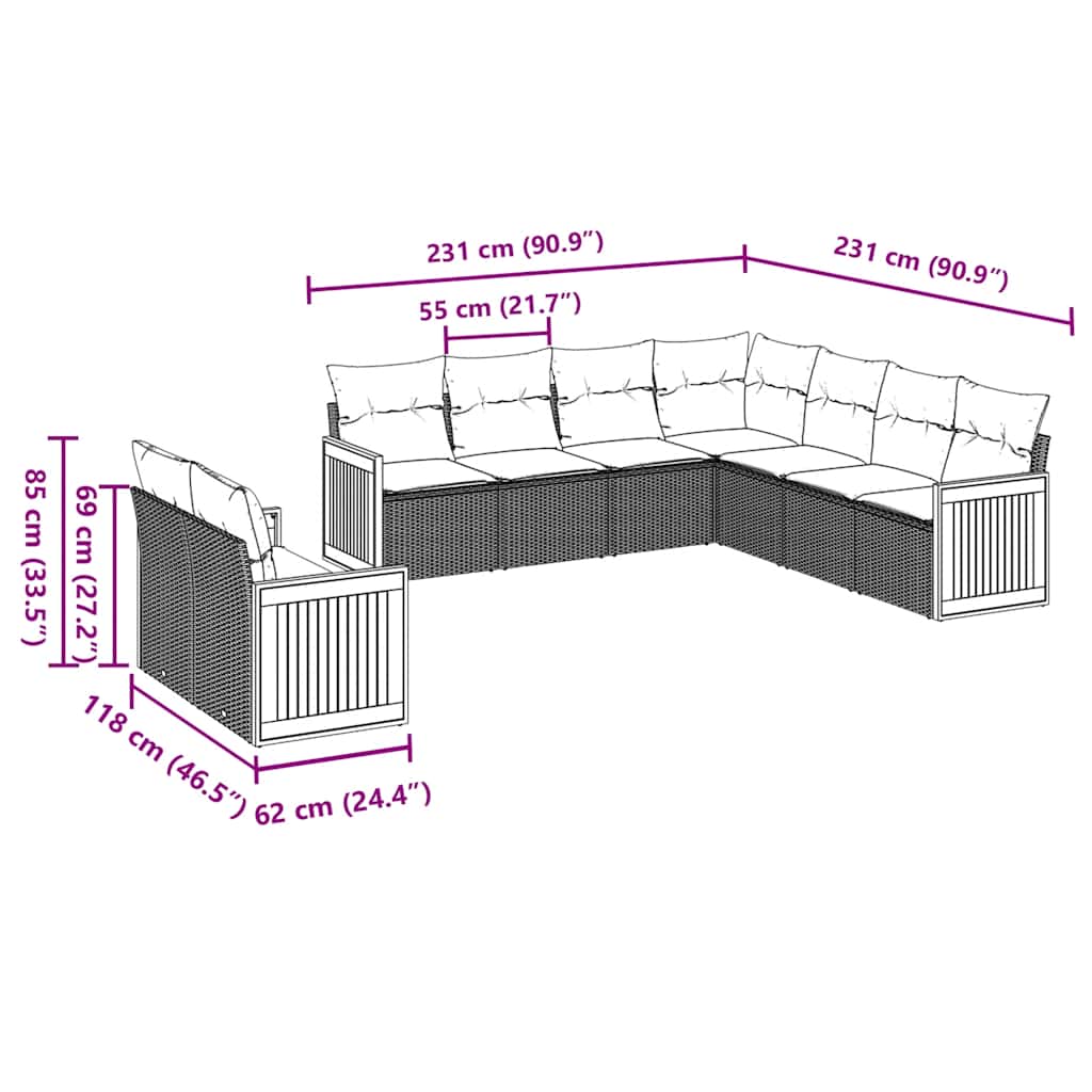 Set mobilier de grădină cu perne, 9 piese, negru, poliratan GartenMobel Dekor