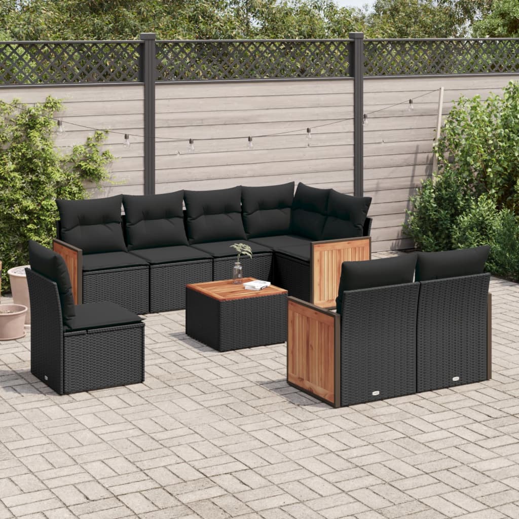 Set mobilier de grădină cu perne, 9 piese, negru, poliratan GartenMobel Dekor