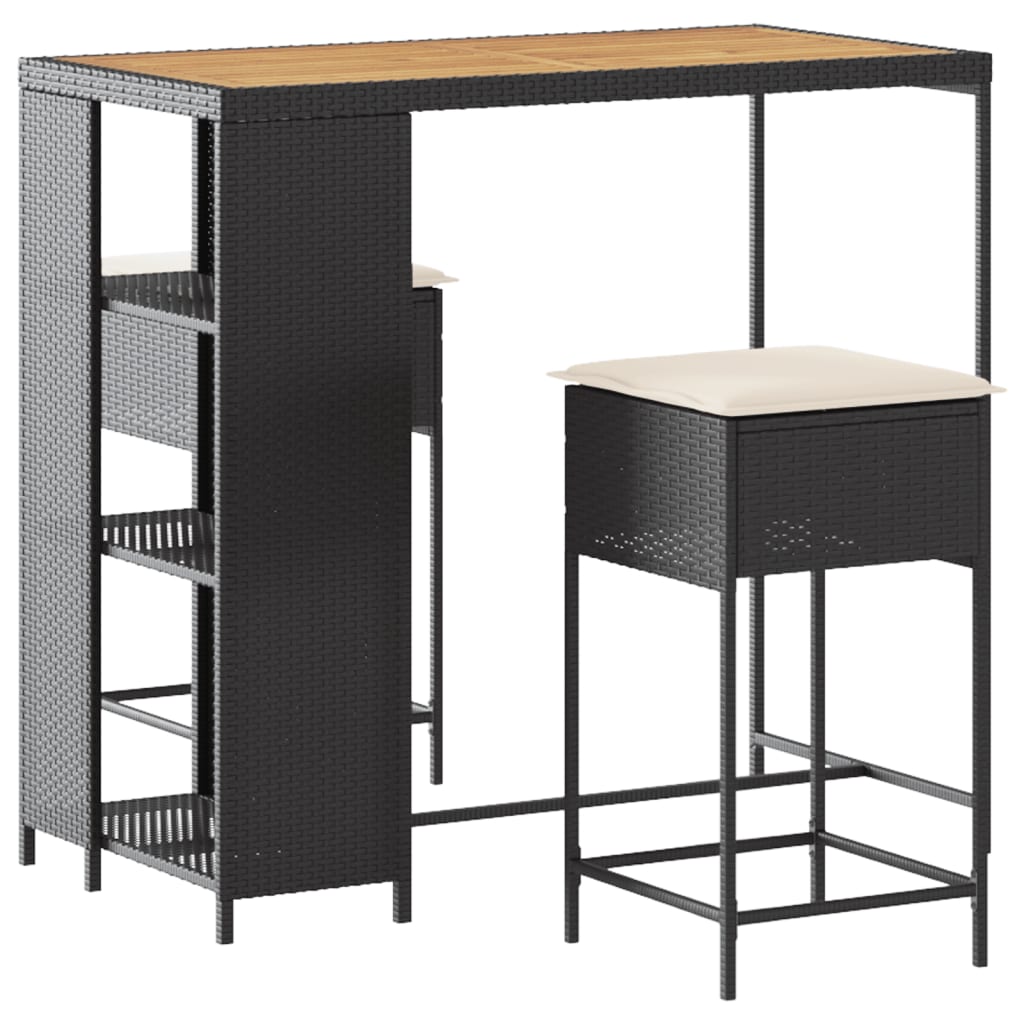 Set mobilier bar de grădină cu perne, 3 piese, negru, poliratan GartenMobel Dekor