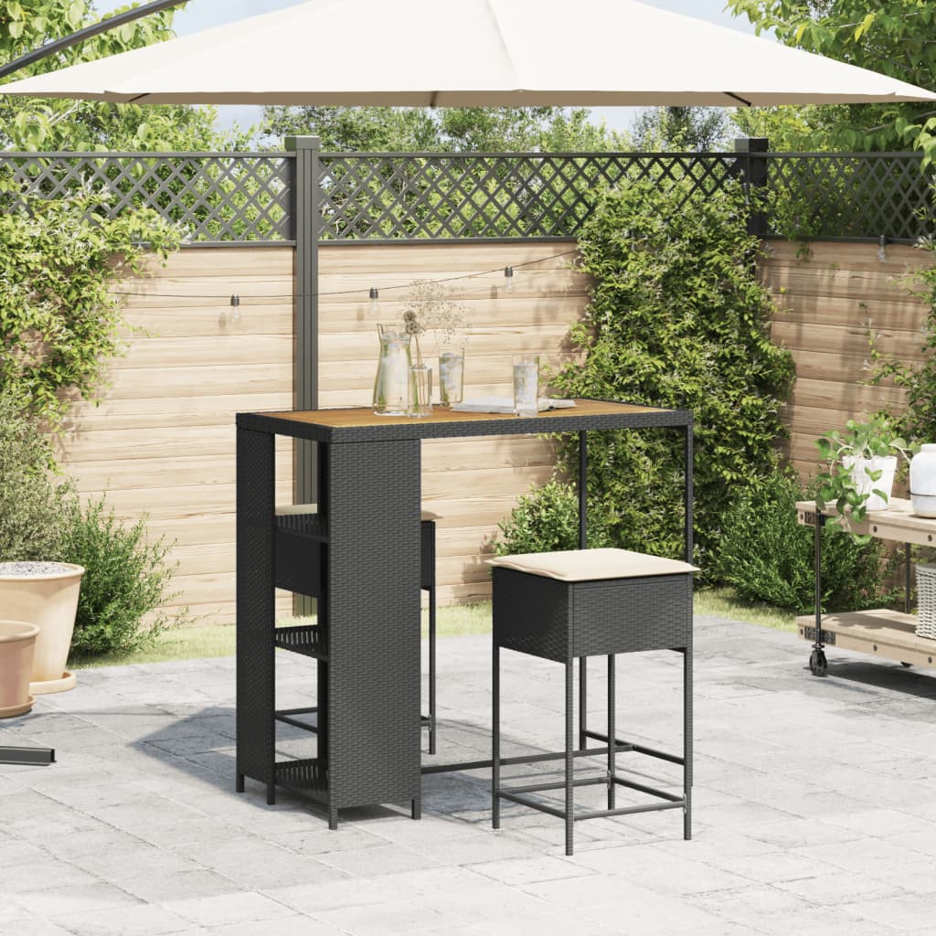Set mobilier bar de grădină cu perne, 3 piese, negru, poliratan GartenMobel Dekor