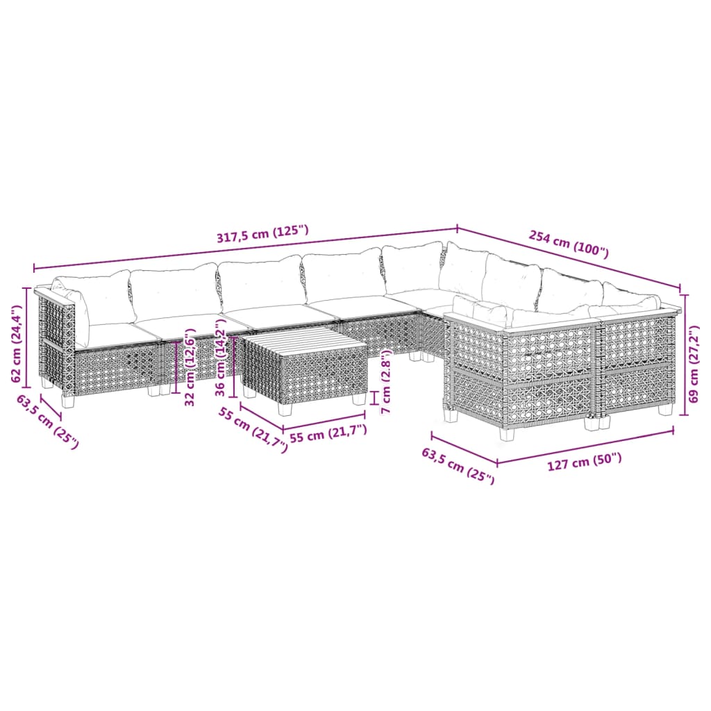 Set canapele de grădină cu perne, 10 piese, negru, poliratan GartenMobel Dekor