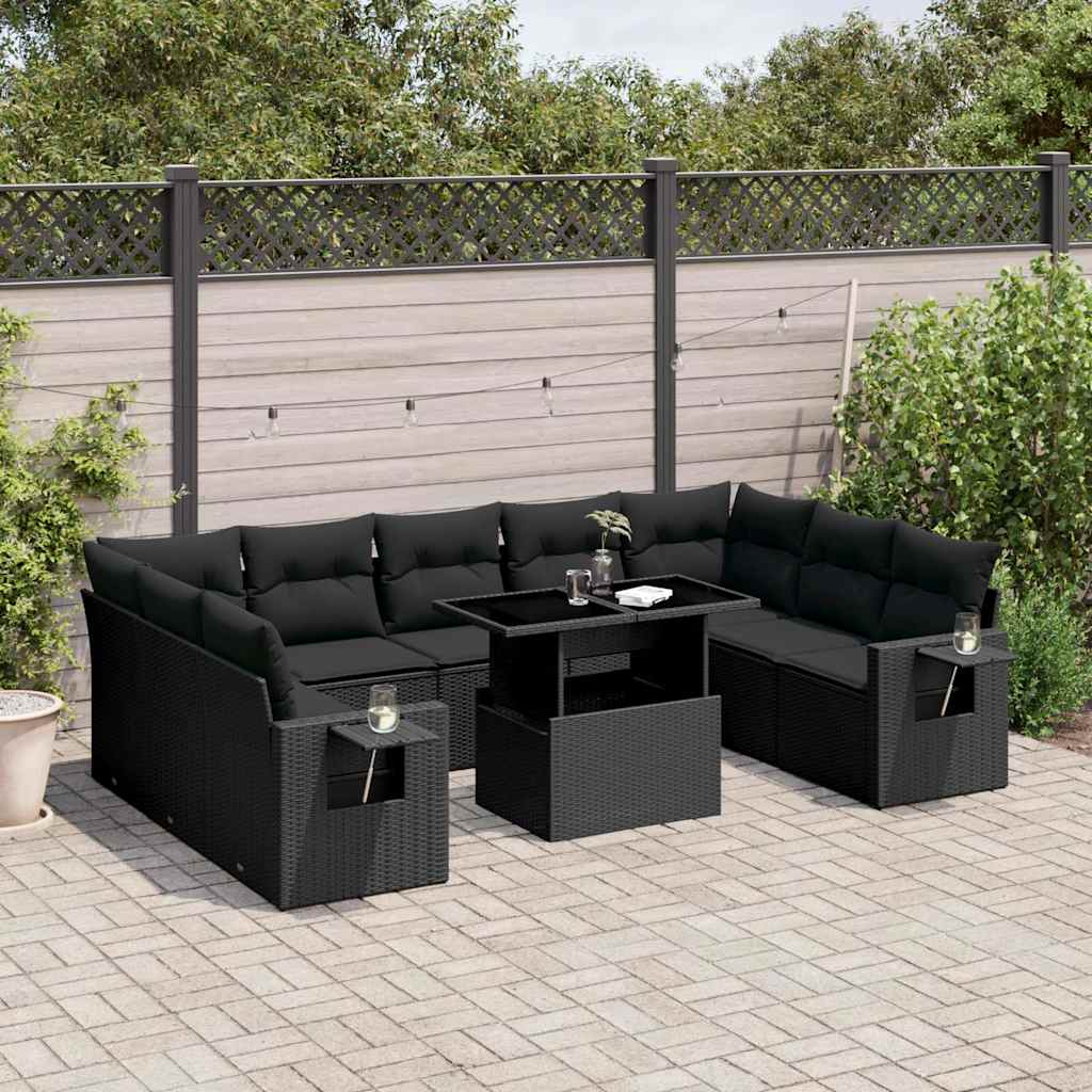 Set canapele de grădină cu perne, 10 piese, negru, poliratan GartenMobel Dekor