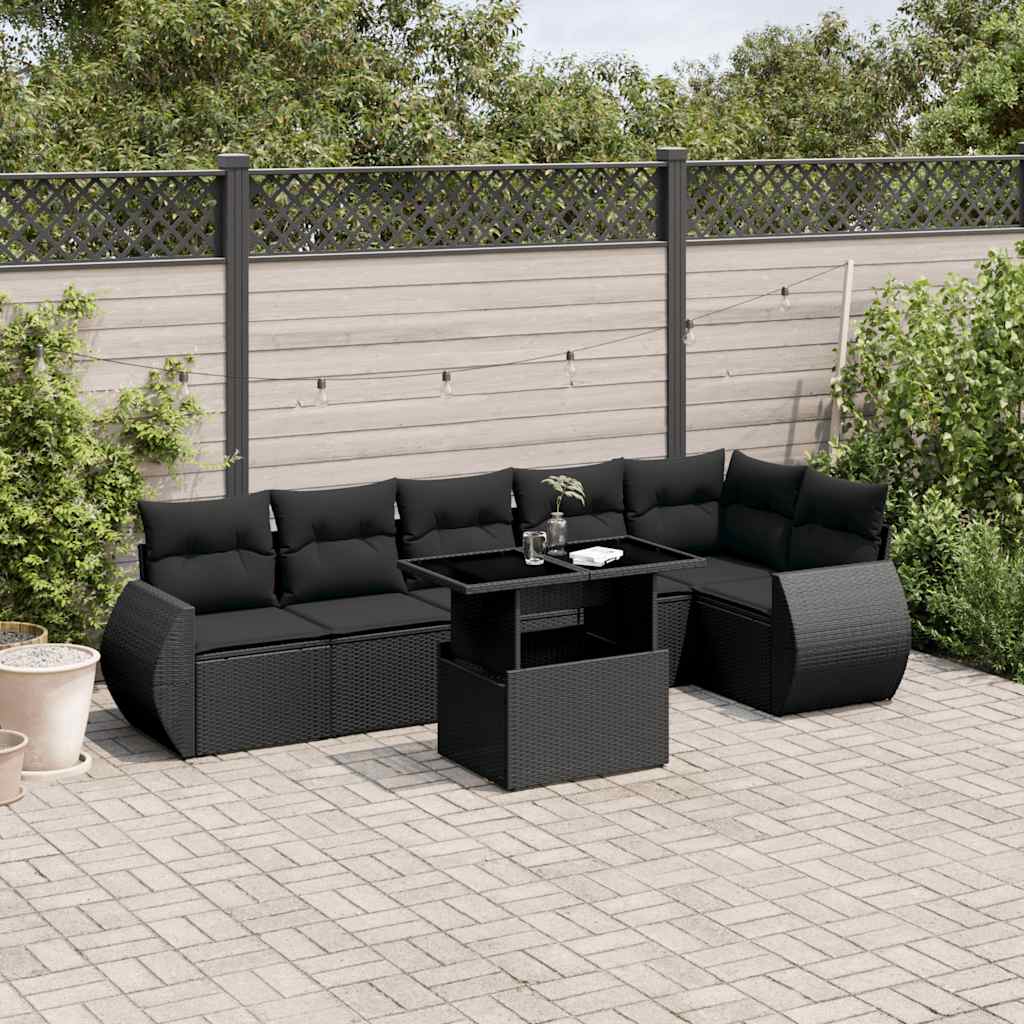 Set canapele de grădină cu perne, 7 piese, negru, poliratan GartenMobel Dekor