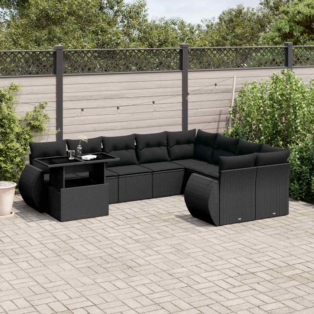 Set canapele de grădină cu perne, 10 piese, negru, poliratan GartenMobel Dekor